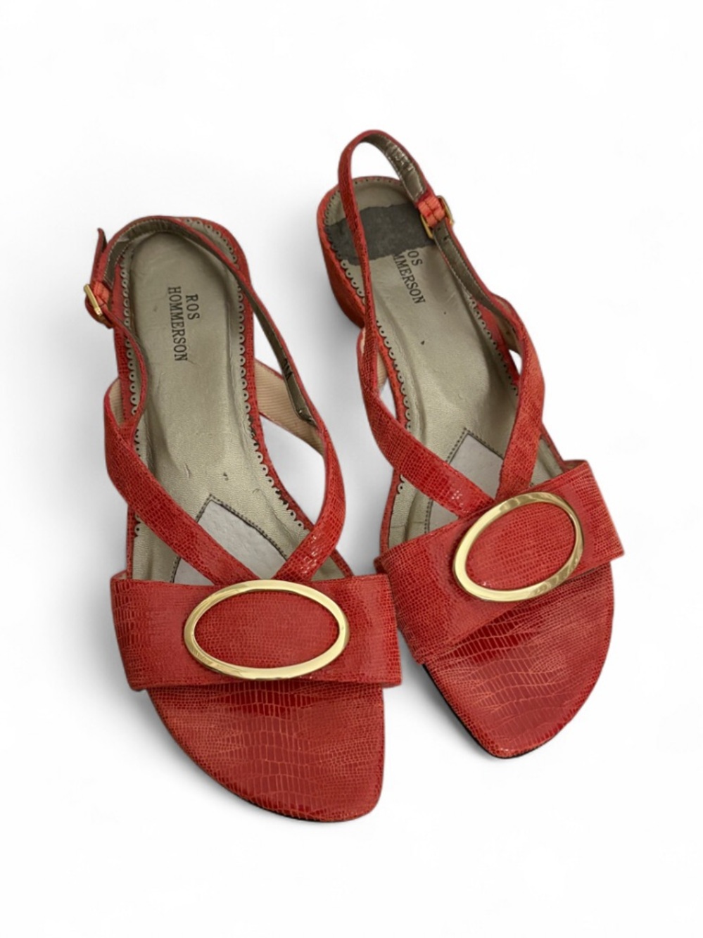 Vintage Ros Hommerson Red Leather Sandals with Gold Buckle Detail